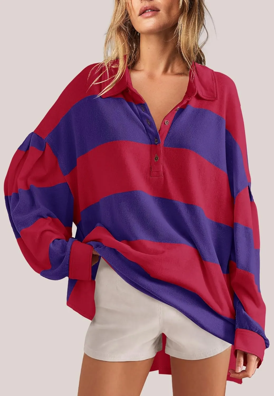 Panadila Womens Long Sleeve Striped Shirt Oversized Polo Shirts Casual V Neck T Shirt Loose Fit Tunic Tops