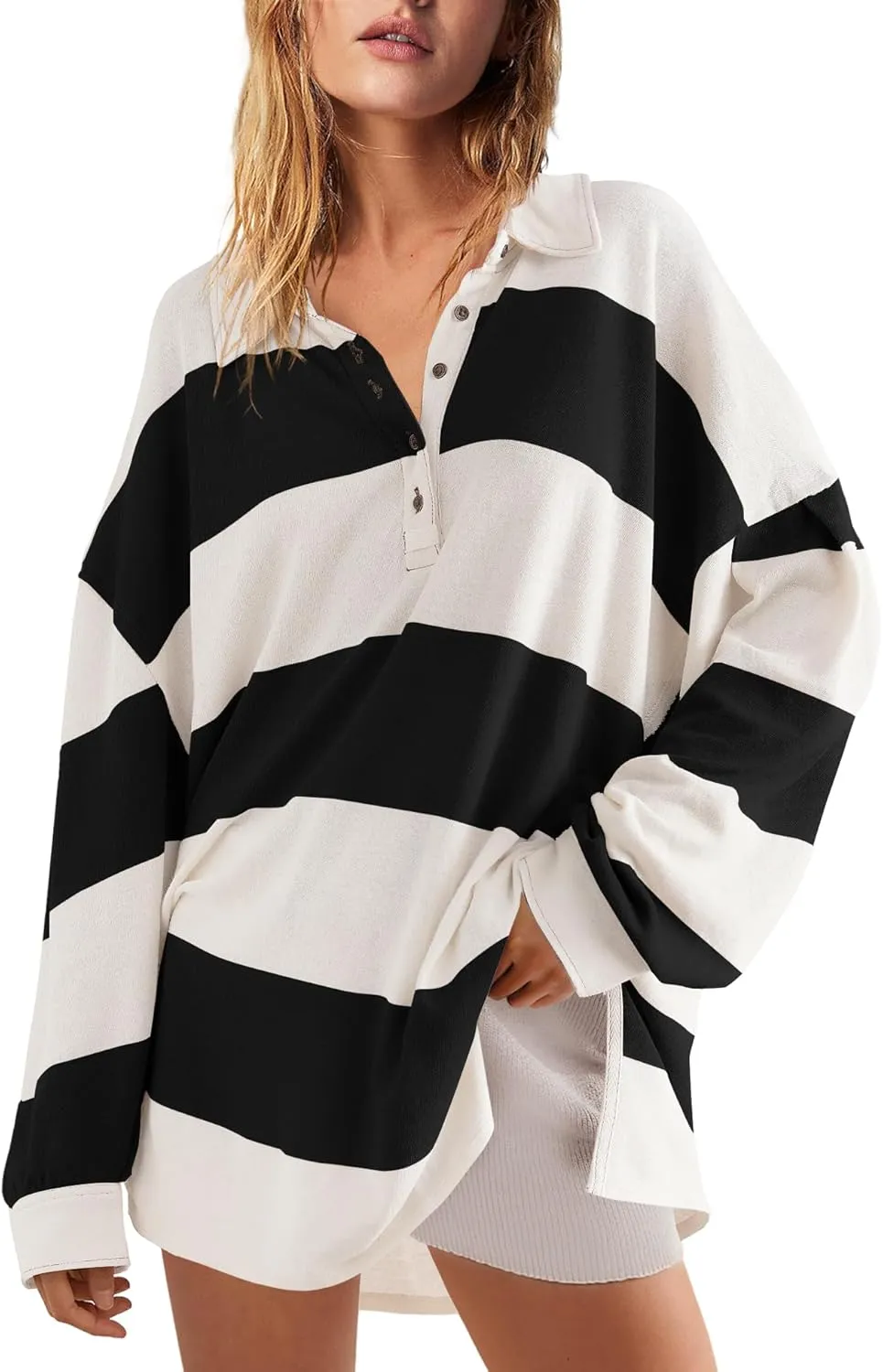 Panadila Womens Long Sleeve Striped Shirt Oversized Polo Shirts Casual V Neck T Shirt Loose Fit Tunic Tops