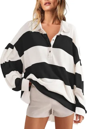 Panadila Womens Long Sleeve Striped Shirt Oversized Polo Shirts Casual V Neck T Shirt Loose Fit Tunic Tops