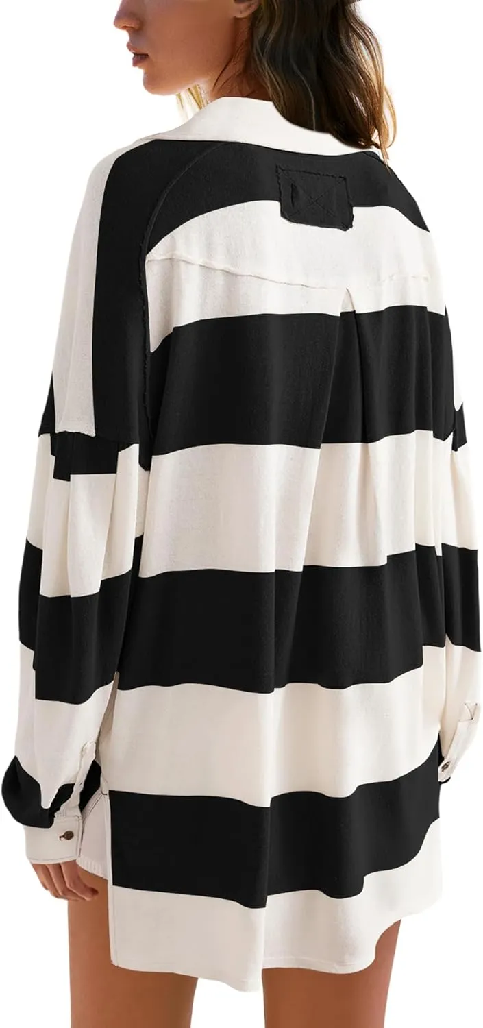 Panadila Womens Long Sleeve Striped Shirt Oversized Polo Shirts Casual V Neck T Shirt Loose Fit Tunic Tops
