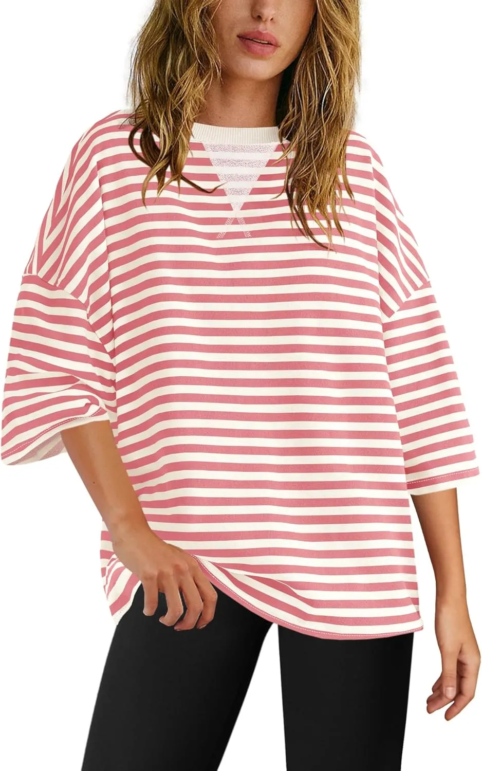 Panadila Womens Striped Short Sleeve Tunic Tops Oversized Crewneck T Shirt Casual Loose Fit Color Block Sweatshirt