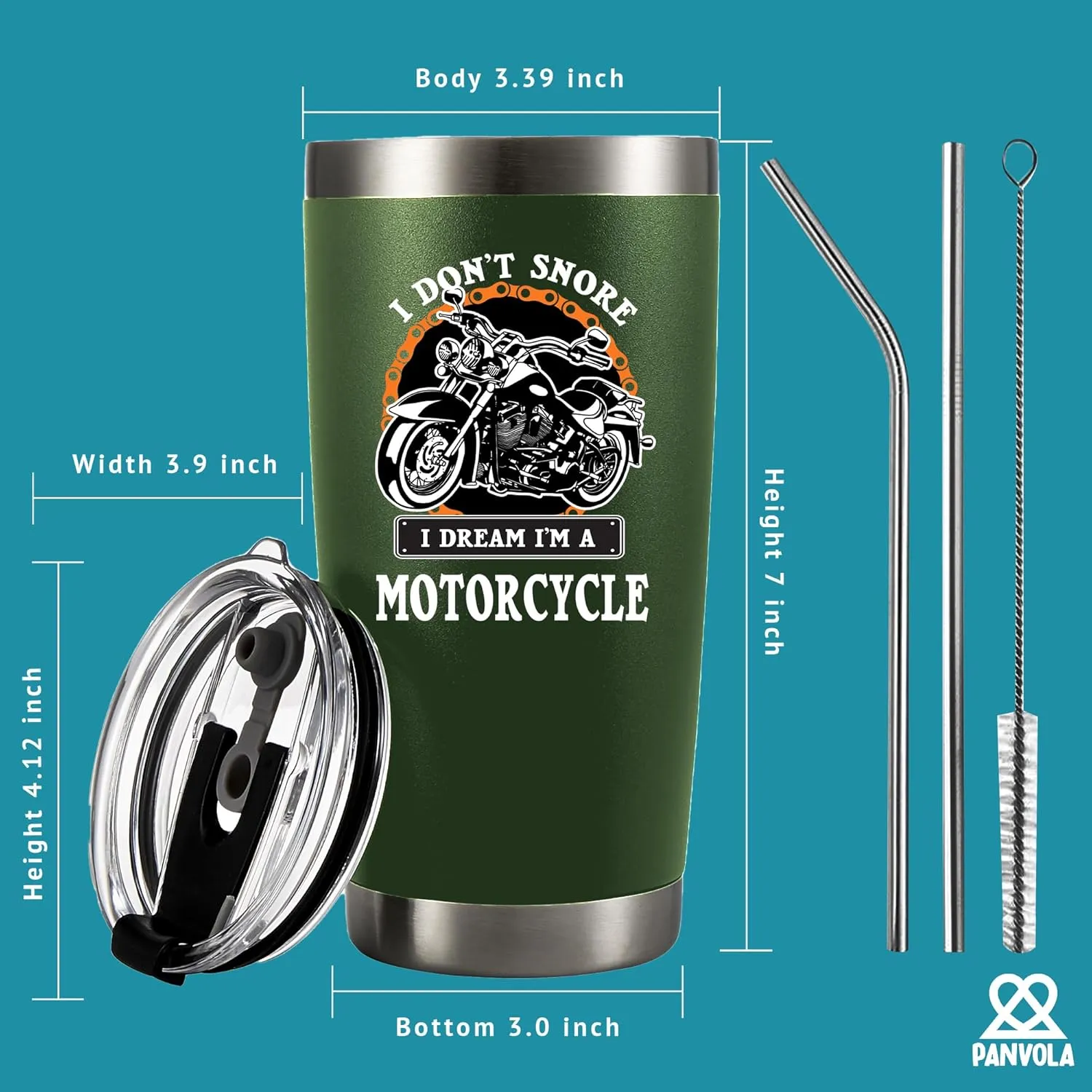 Panvola I Don't Snore I Dream I'm A Motorcycle Stainless Steel Tumbler Snorers Motorcyclist Gift Biker Rider For Dad Husband Boyfriend Uncle Travel Mug (20 oz, Green)