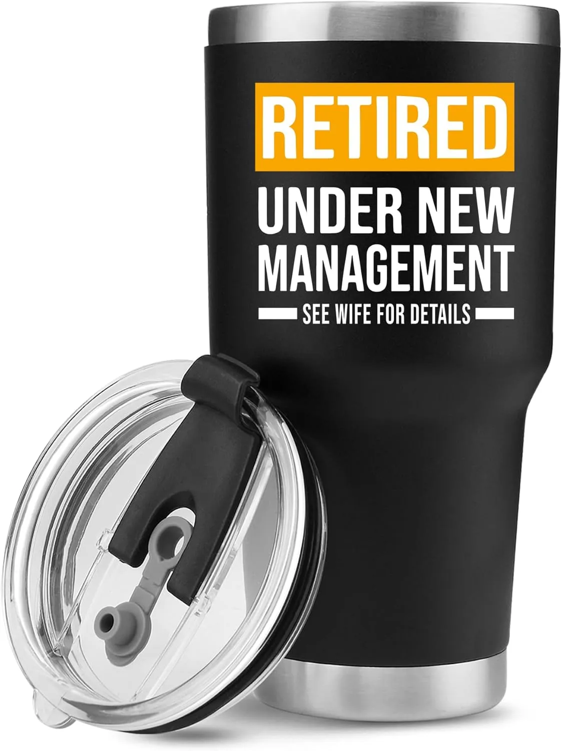 Panvola Retired Under New Management See Wife for Details Funny Retirement Gifts to Husband Retired Dad Retiree Mug Vacuum Insulated Tumbler 30 oz Black
