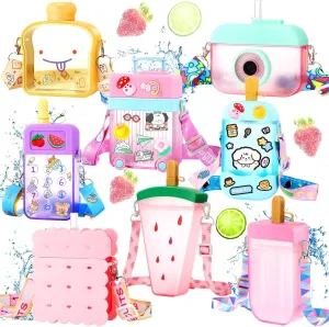 Patelai 8 Pcs Cute Water Bottles with Straw Kawaii Watermelon Ice Cream Cups Leak Proof Drinking Bottles with Adjustable Shoulder Strap for Sports Travel Camping(Stylish Style)