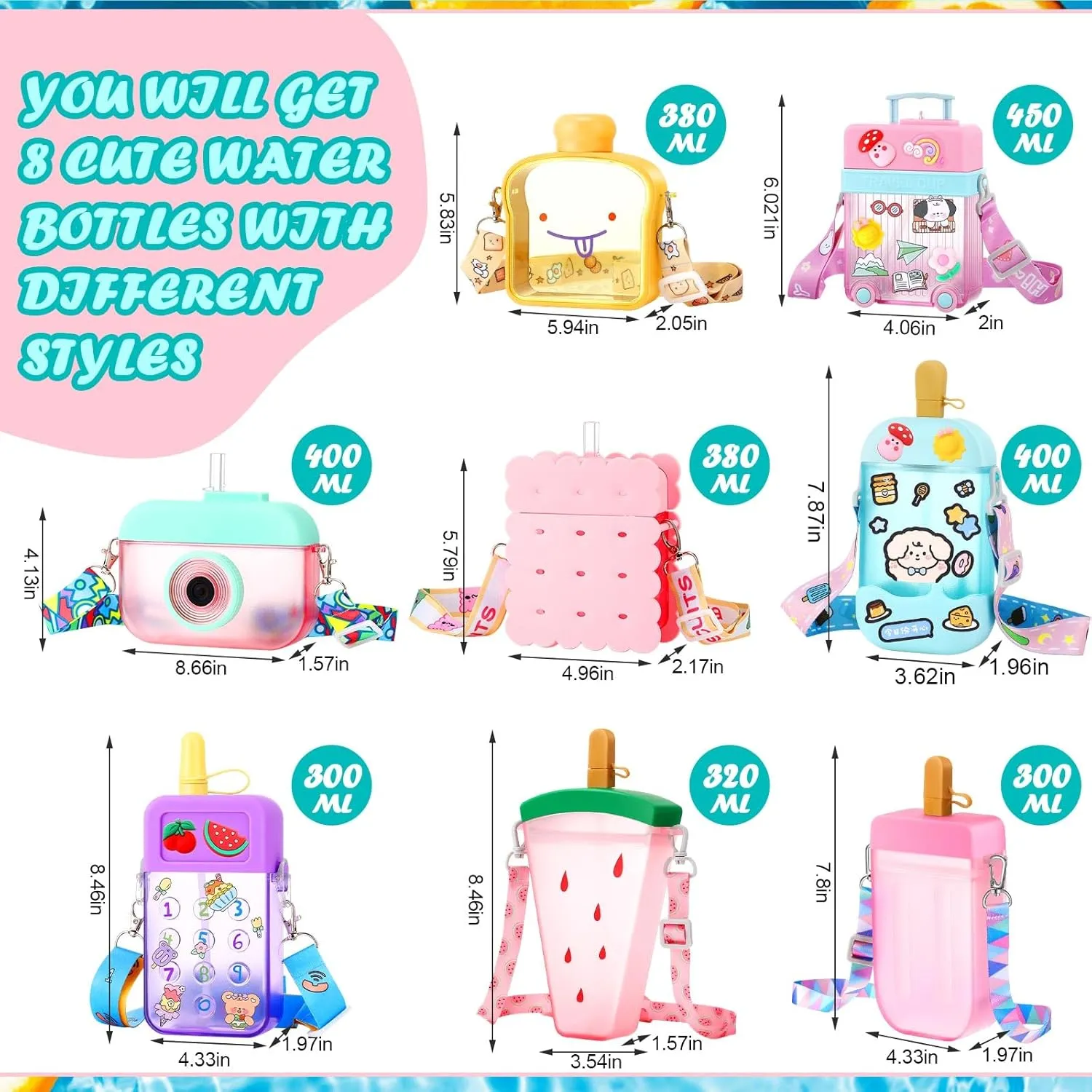 Patelai 8 Pcs Cute Water Bottles with Straw Kawaii Watermelon Ice Cream Cups Leak Proof Drinking Bottles with Adjustable Shoulder Strap for Sports Travel Camping(Stylish Style)