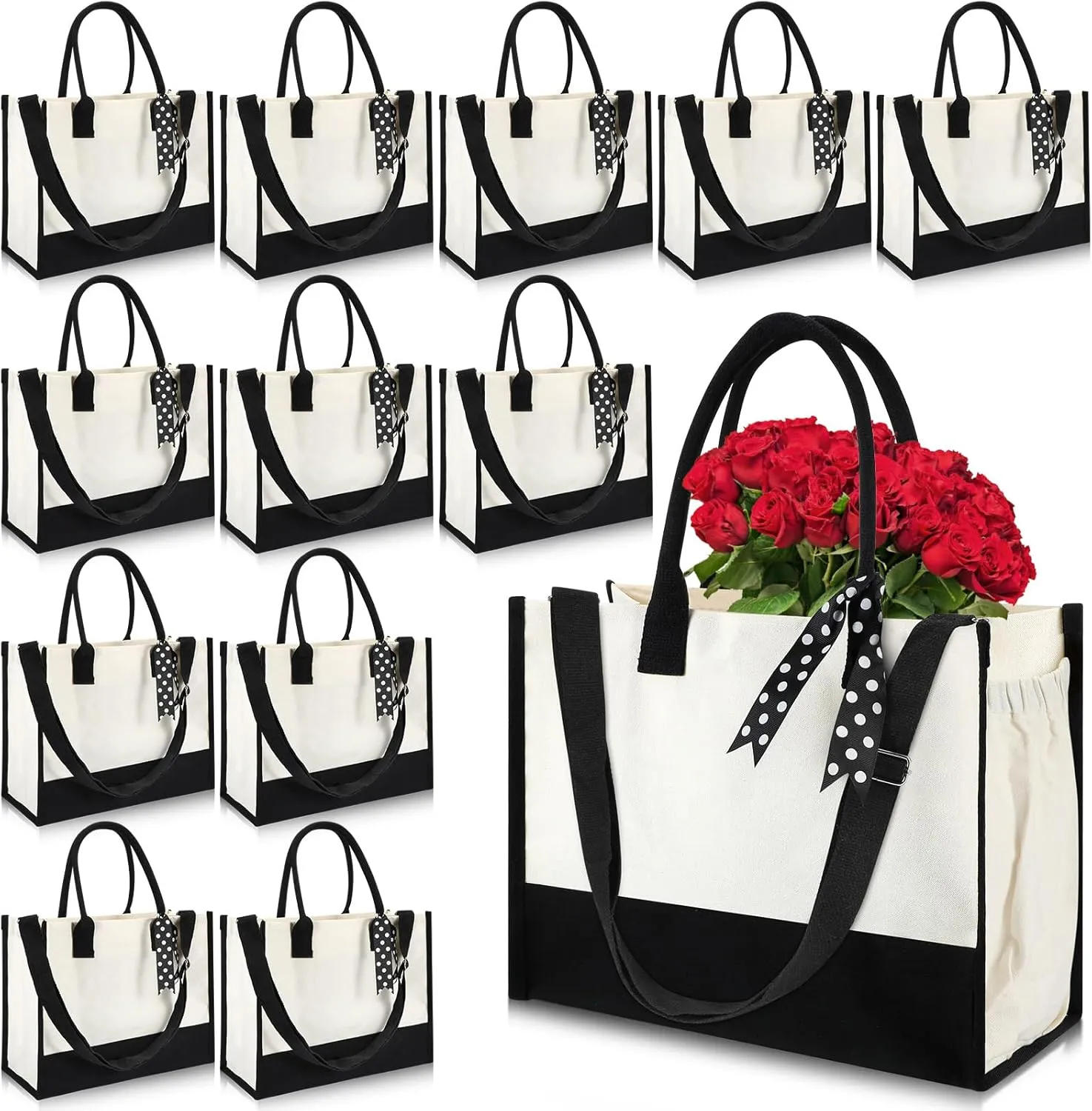 Paterr 12 Pcs Bridesmaid Canvas Tote Bags Bulk for Women Black and White Canvas Bag with Shoulder Strap and Zipper for Wedding Mother Teacher Bride Friend