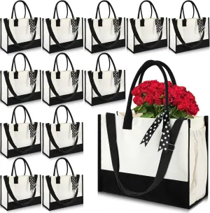 Paterr 12 Pcs Bridesmaid Canvas Tote Bags Bulk for Women Black and White Canvas Bag with Shoulder Strap and Zipper for Wedding Mother Teacher Bride Friend