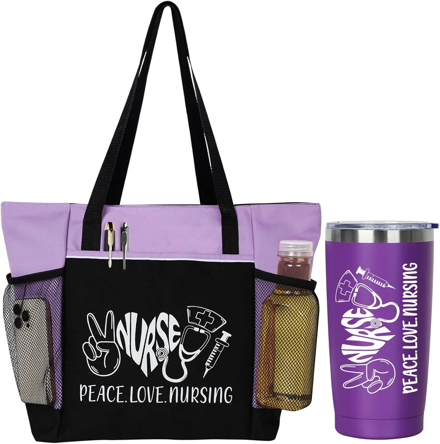 Peace, Love, Nursing. 2 Pieces - Nurse Gifts for Women Includes Zippered Tote Bag and Stainless Steel Insulated Tumbler