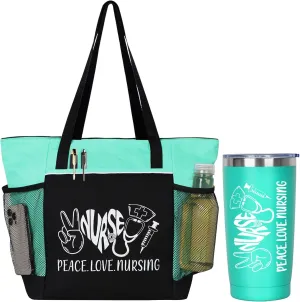 Peace, Love, Nursing. 2 Pieces - Nurse Gifts for Women Includes Zippered Tote Bag and Stainless Steel Insulated Tumbler