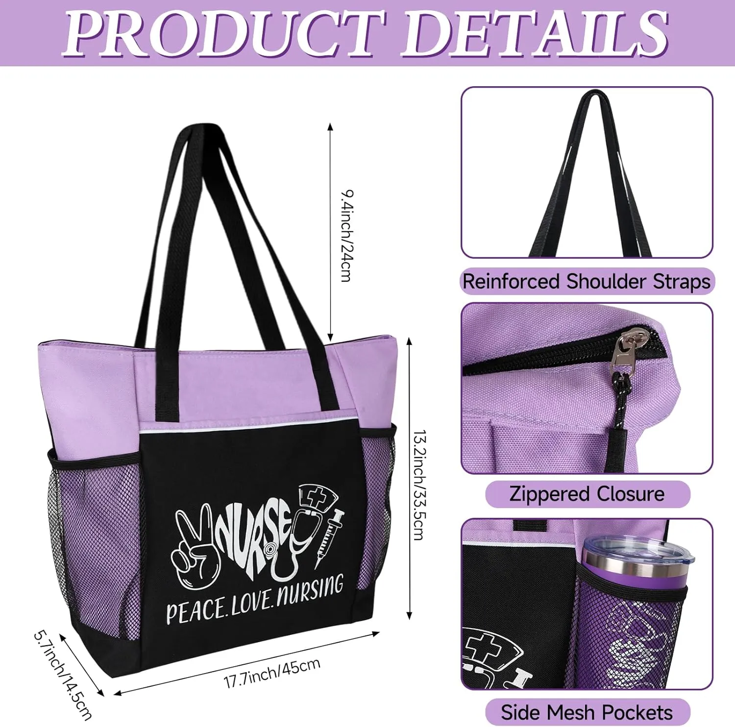 Peace, Love, Nursing. 2 Pieces - Nurse Gifts for Women Includes Zippered Tote Bag and Stainless Steel Insulated Tumbler