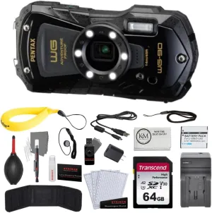 Pentax WG-90 Digital Camera (Black) Bundled with Photo Starter Kit   64GB Memory Card   Charger   Floating Strap   Microfiber Cleaning Cloth (6 Items)