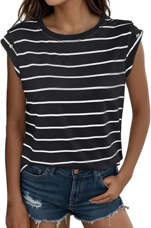 Personality Striped Cap Sleeve T Shirts for Women Slim Fit Crew Neck Lightweight Casual Daily Tops Fashion Sleeveless Blouses