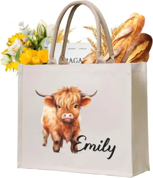 Personalized Cute Highland Cow Gifts Bag,Reusable Grocery Large Canvas Tote Bag with Handle for Women, Beach,Wedding,Birthday