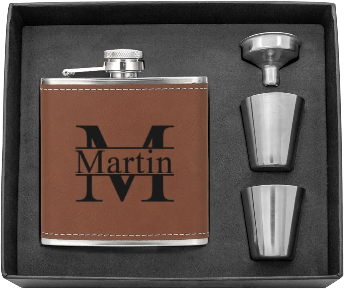 Personalized Flask for Men, Snirov 6 Oz Stainless Steel Engraved Custom Hip Flask Gift Set for Dad Grandpa Brother Personalized Groomsmen Gifts for Wedding, Brown