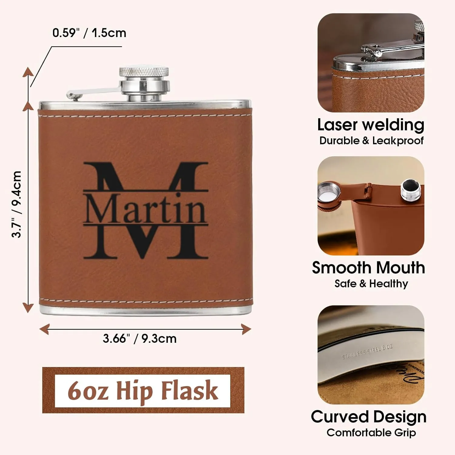 Personalized Flask for Men, Snirov 6 Oz Stainless Steel Engraved Custom Hip Flask Gift Set for Dad Grandpa Brother Personalized Groomsmen Gifts for Wedding, Brown