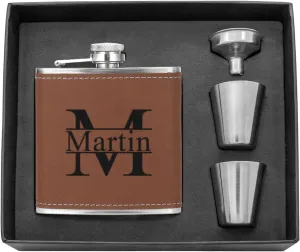 Personalized Flask for Men, Snirov 6 Oz Stainless Steel Engraved Custom Hip Flask Gift Set for Dad Grandpa Brother Personalized Groomsmen Gifts for Wedding, Brown