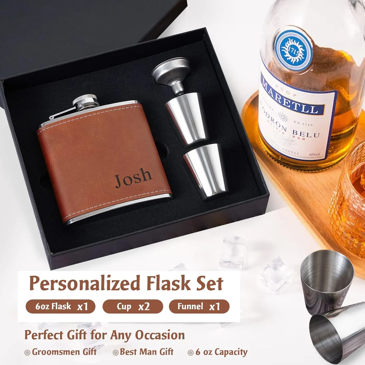 Personalized Flask for Men, Snirov 6 Oz Stainless Steel Engraved Custom Hip Flask Gift Set for Dad Grandpa Brother Personalized Groomsmen Gifts for Wedding, Brown