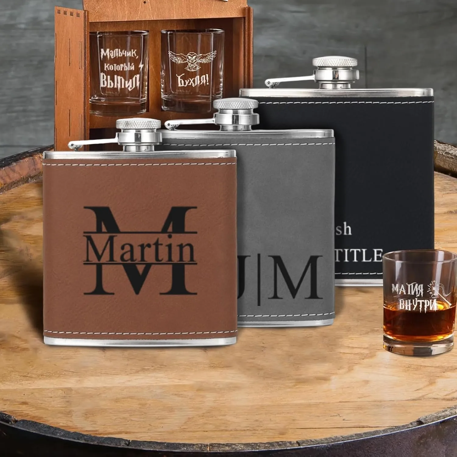 Personalized Flask for Men, Snirov 6 Oz Stainless Steel Engraved Custom Hip Flask Gift Set for Dad Grandpa Brother Personalized Groomsmen Gifts for Wedding, Brown