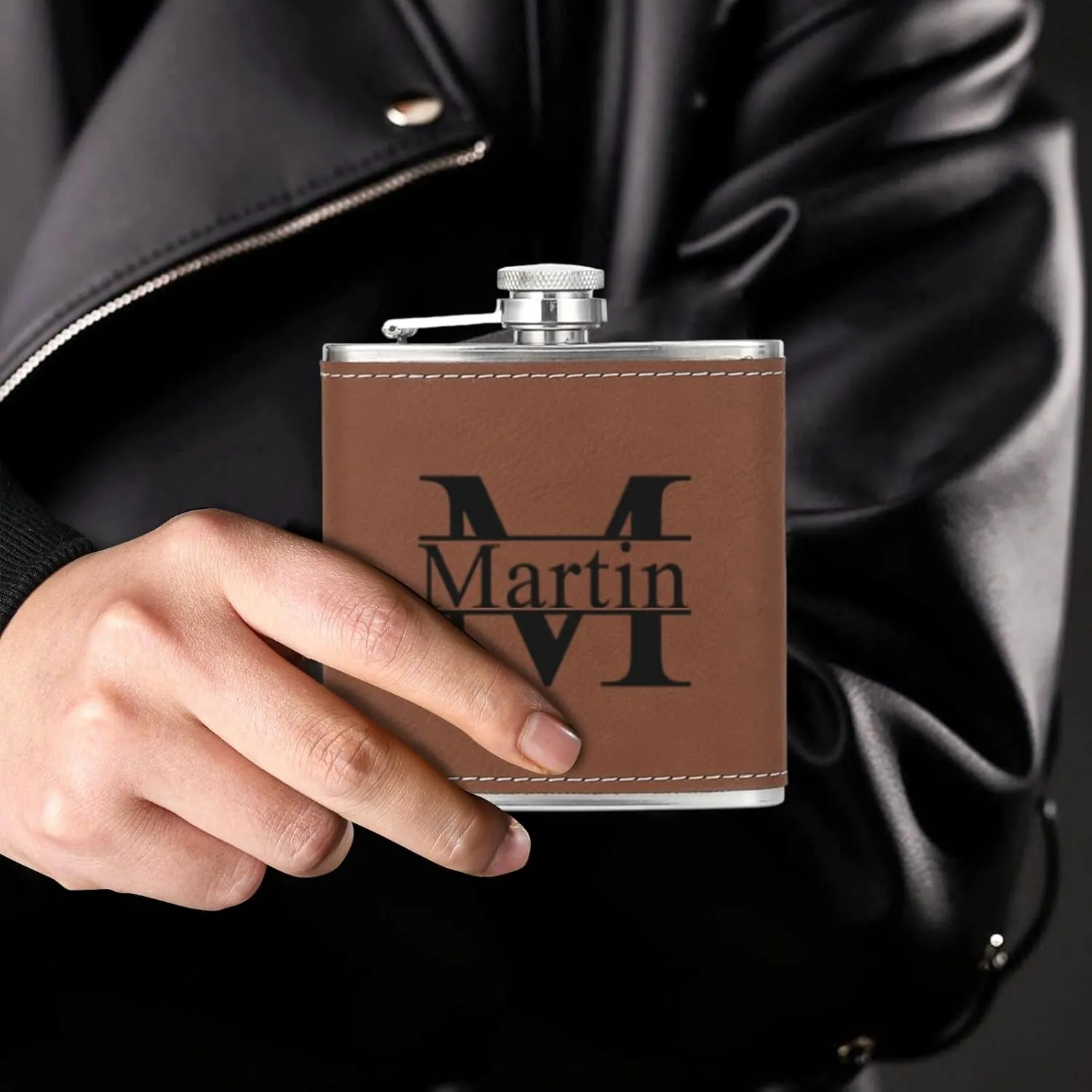 Personalized Flask for Men, Snirov 6 Oz Stainless Steel Engraved Custom Hip Flask Gift Set for Dad Grandpa Brother Personalized Groomsmen Gifts for Wedding, Brown