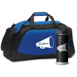 Personalized Gym Duffle Bag with Shoe Compartment | Duffle Bag for Travel with Gear Organizer & Engraved Water Bottle | Cheer Megaphone Duffle Bag for Men, Women, Kids, & Teens