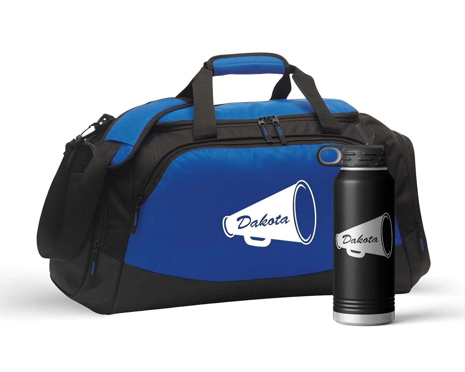 Personalized Gym Duffle Bag with Shoe Compartment | Duffle Bag for Travel with Gear Organizer & Engraved Water Bottle | Cheer Megaphone Duffle Bag for Men, Women, Kids, & Teens