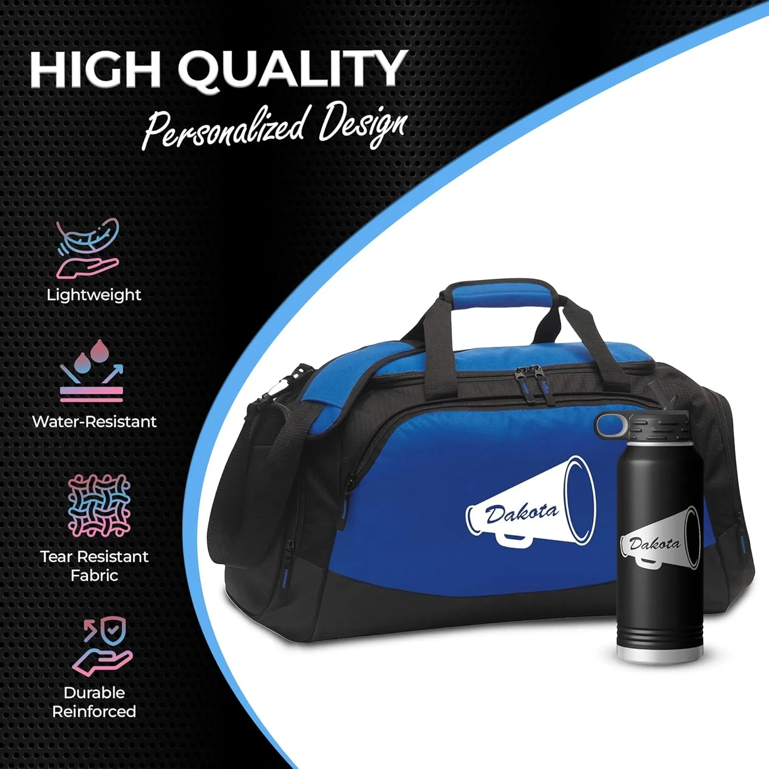 Personalized Gym Duffle Bag with Shoe Compartment | Duffle Bag for Travel with Gear Organizer & Engraved Water Bottle | Cheer Megaphone Duffle Bag for Men, Women, Kids, & Teens