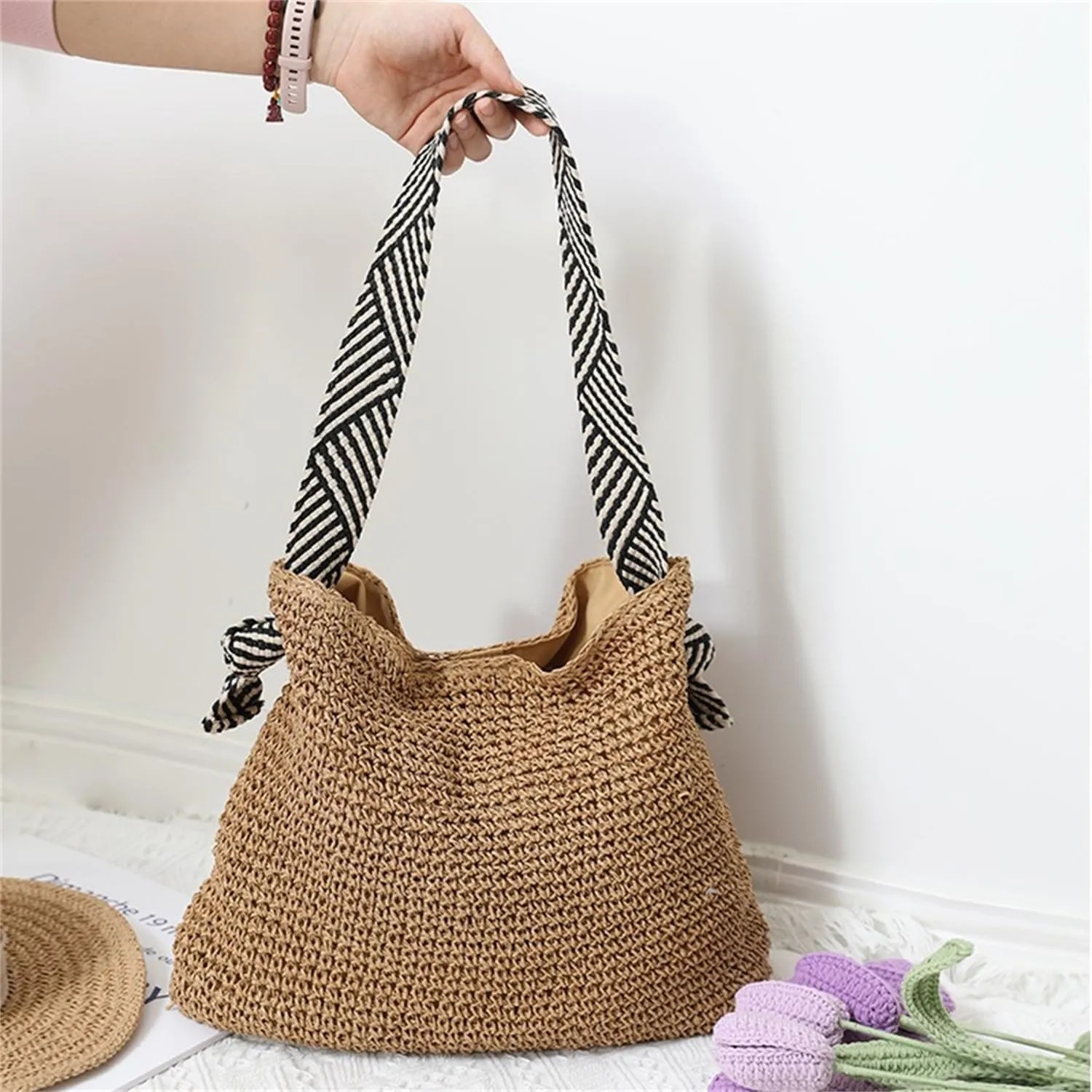 Personalized straw beach bag, eco-friendly large handbag, stylish beach, lightweight foldable women's shoulder bag