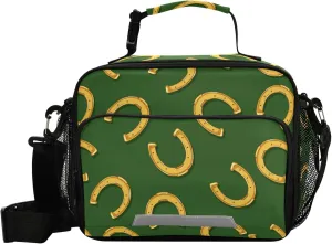 Pfrewn Lunch Box for Kids School Students Gold Cartoon Horseshoes Insulated Lunch Bag with Shoulder Strap for Office Adults Reusable Cooler Bags Lunch Tote for Girls Boys Teens