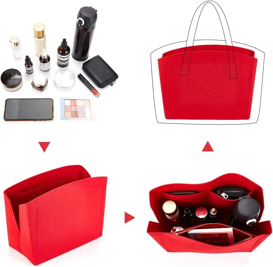 PH PandaHall 1pc Purse Organizer Insert Large Bag Organizer with Alloy Zipper Red Felt Handbags Base Shaper Shell-Shaped Tote Organizer Tote Liner Pouch for Tote Bag Handbag Purse, 11.8×5.1×9”