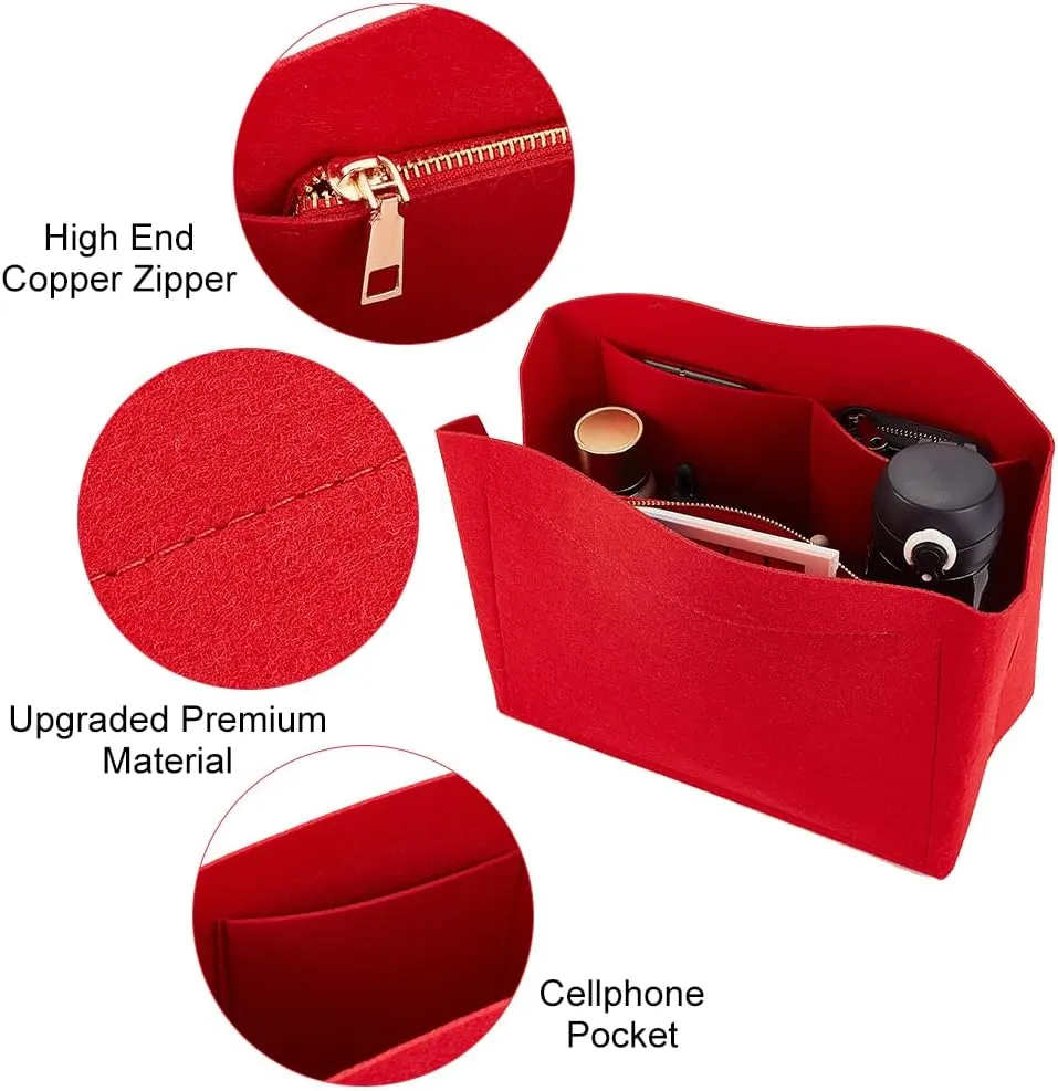PH PandaHall 1pc Purse Organizer Insert Large Bag Organizer with Alloy Zipper Red Felt Handbags Base Shaper Shell-Shaped Tote Organizer Tote Liner Pouch for Tote Bag Handbag Purse, 11.8×5.1×9”