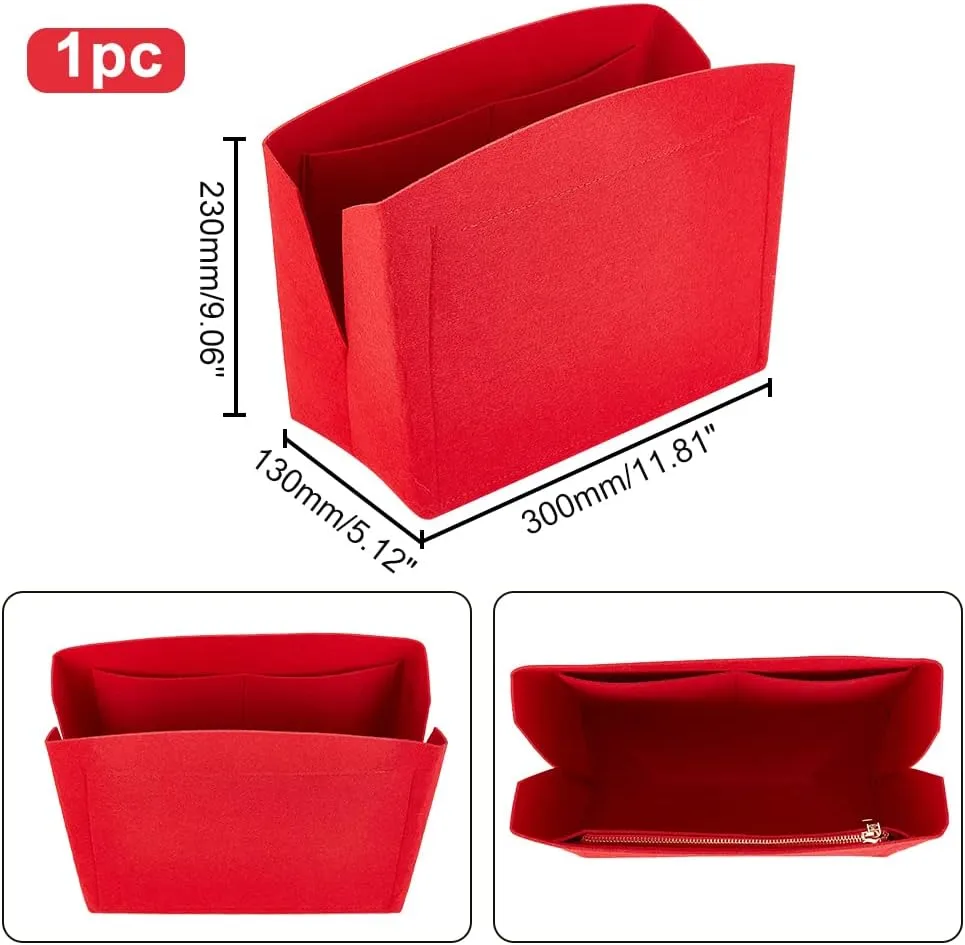 PH PandaHall 1pc Purse Organizer Insert Large Bag Organizer with Alloy Zipper Red Felt Handbags Base Shaper Shell-Shaped Tote Organizer Tote Liner Pouch for Tote Bag Handbag Purse, 11.8×5.1×9”