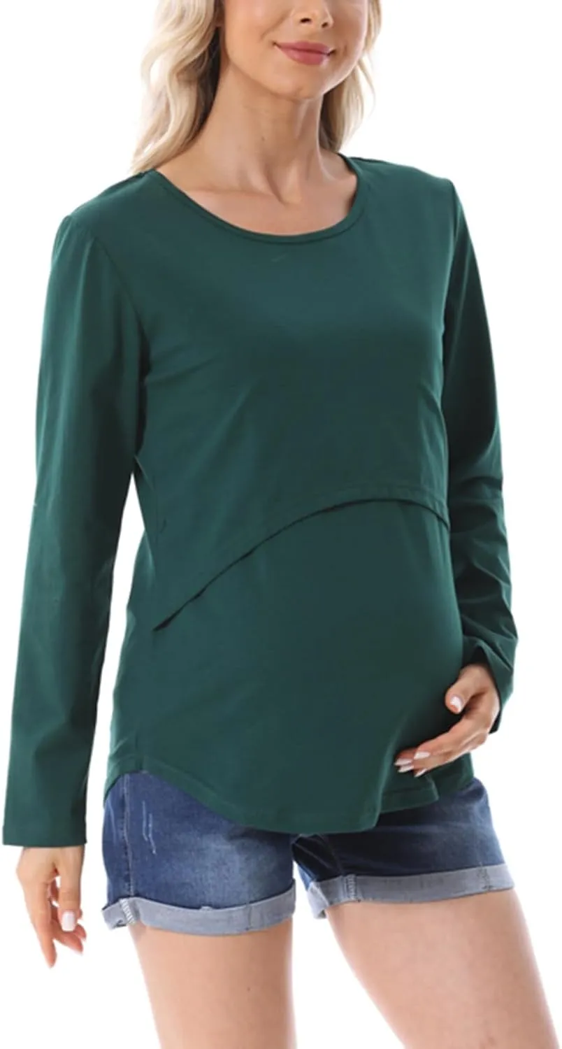 Plus Size Breastfeeding Tops Women's Double Layer Nursing Tees Long Sleeve Crew Neck Maternity Tunics Pullover