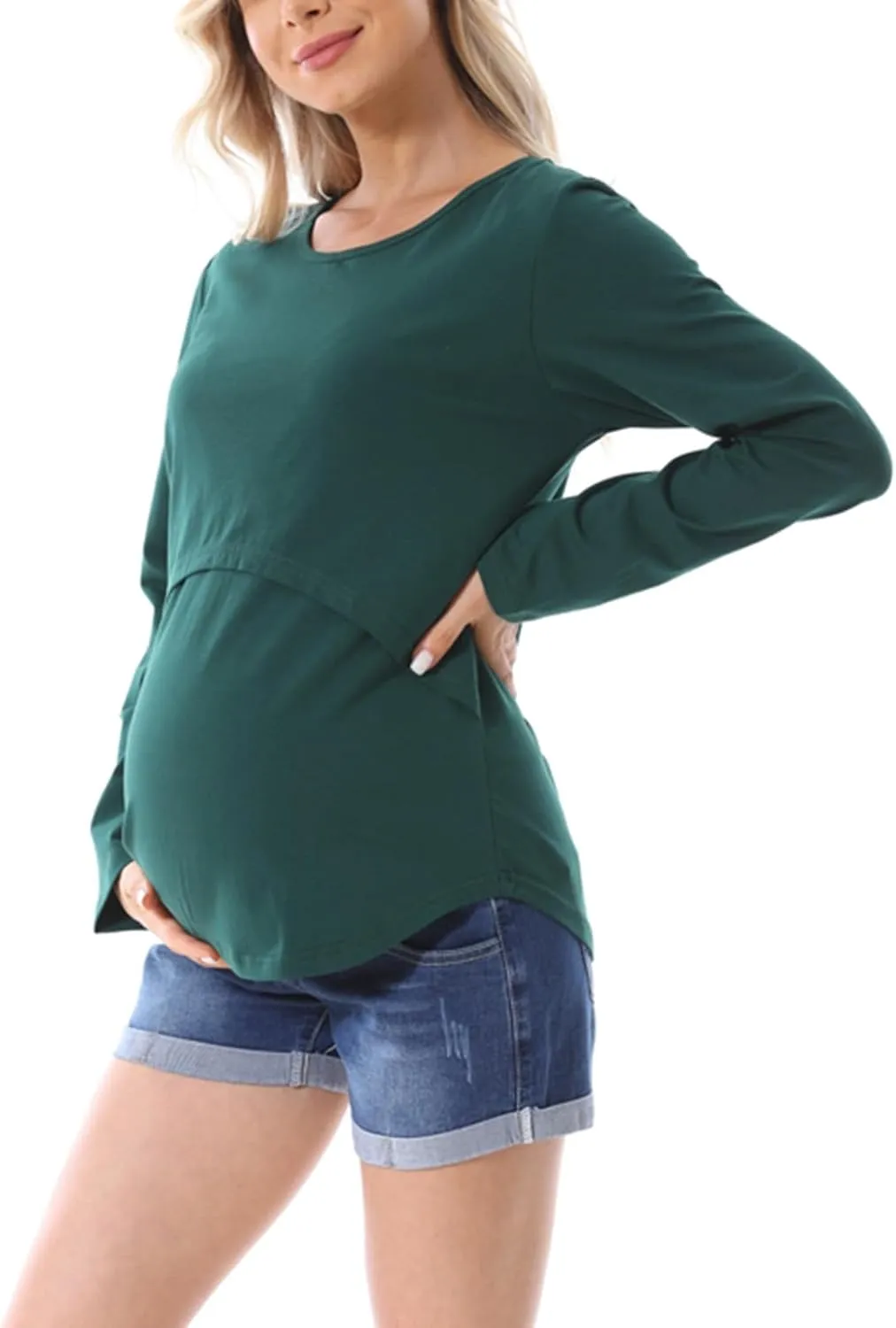 Plus Size Breastfeeding Tops Women's Double Layer Nursing Tees Long Sleeve Crew Neck Maternity Tunics Pullover
