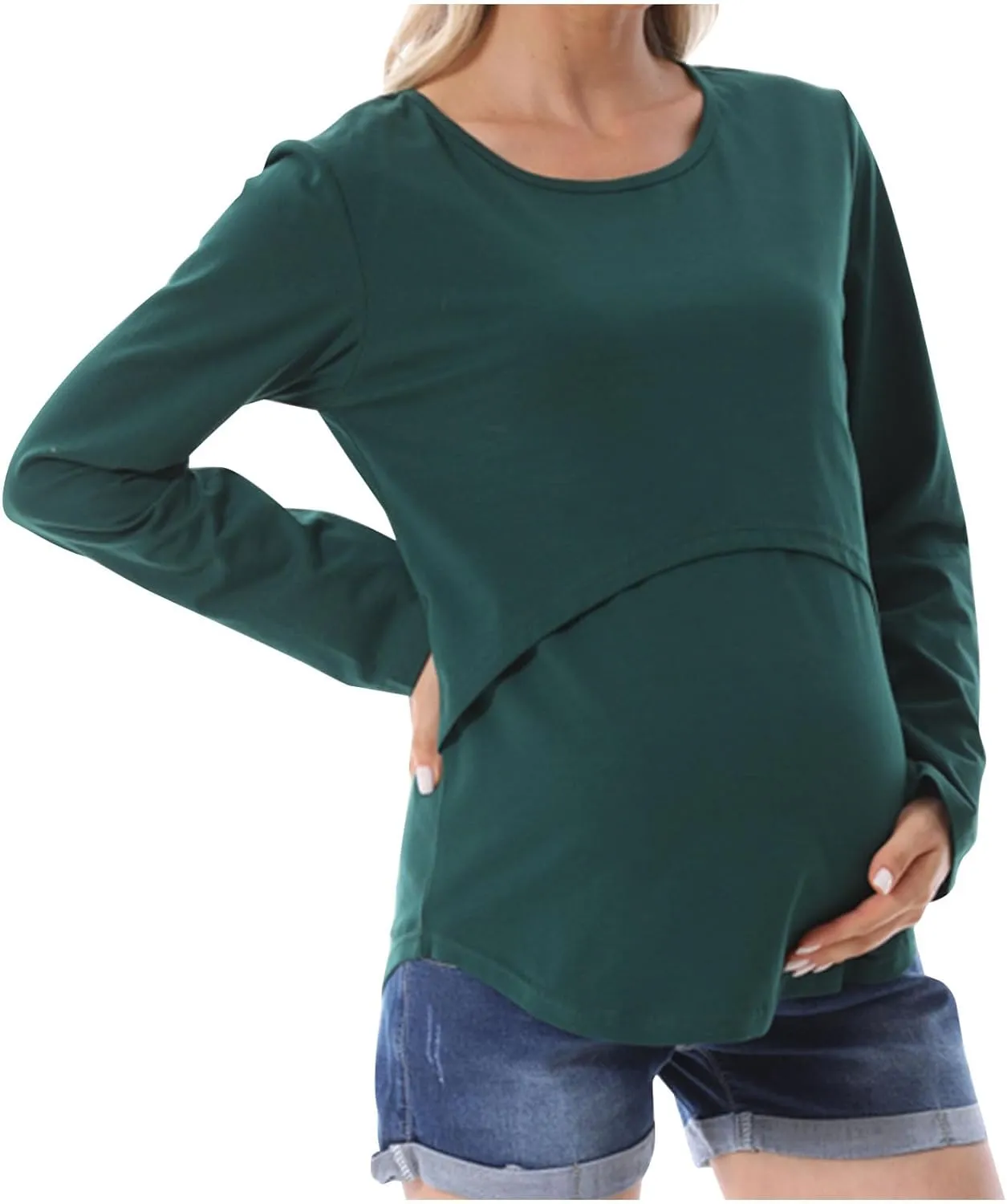 Plus Size Breastfeeding Tops Women's Double Layer Nursing Tees Long Sleeve Crew Neck Maternity Tunics Pullover