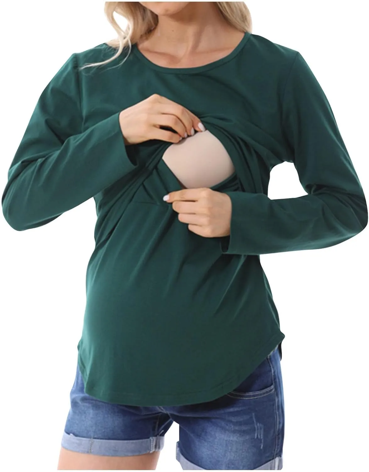 Plus Size Breastfeeding Tops Women's Double Layer Nursing Tees Long Sleeve Crew Neck Maternity Tunics Pullover