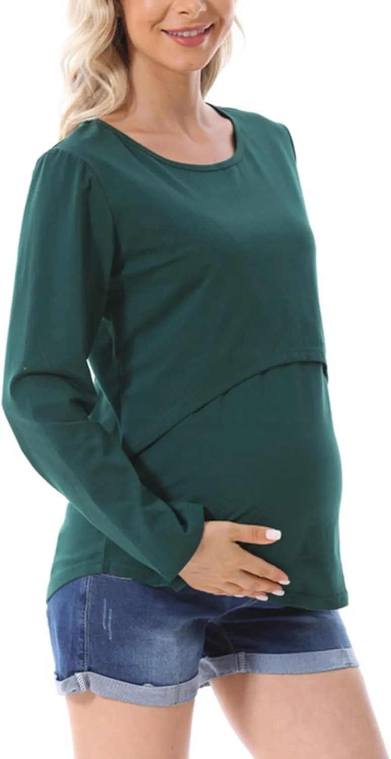 Plus Size Breastfeeding Tops Women's Double Layer Nursing Tees Long Sleeve Crew Neck Maternity Tunics Pullover