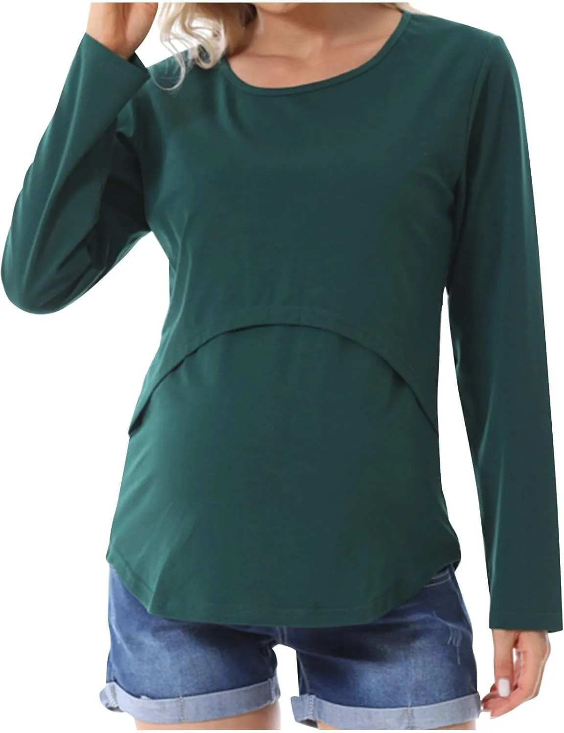 Plus Size Breastfeeding Tops Women's Double Layer Nursing Tees Long Sleeve Crew Neck Maternity Tunics Pullover