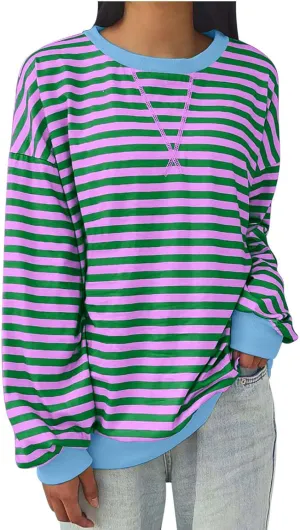 Plus Size Tops for Women 2024 Trendy Long Sleeve Striped Crewneck Sweatshirt Loose Fit Pullover Preppy Top Y2K Outfit