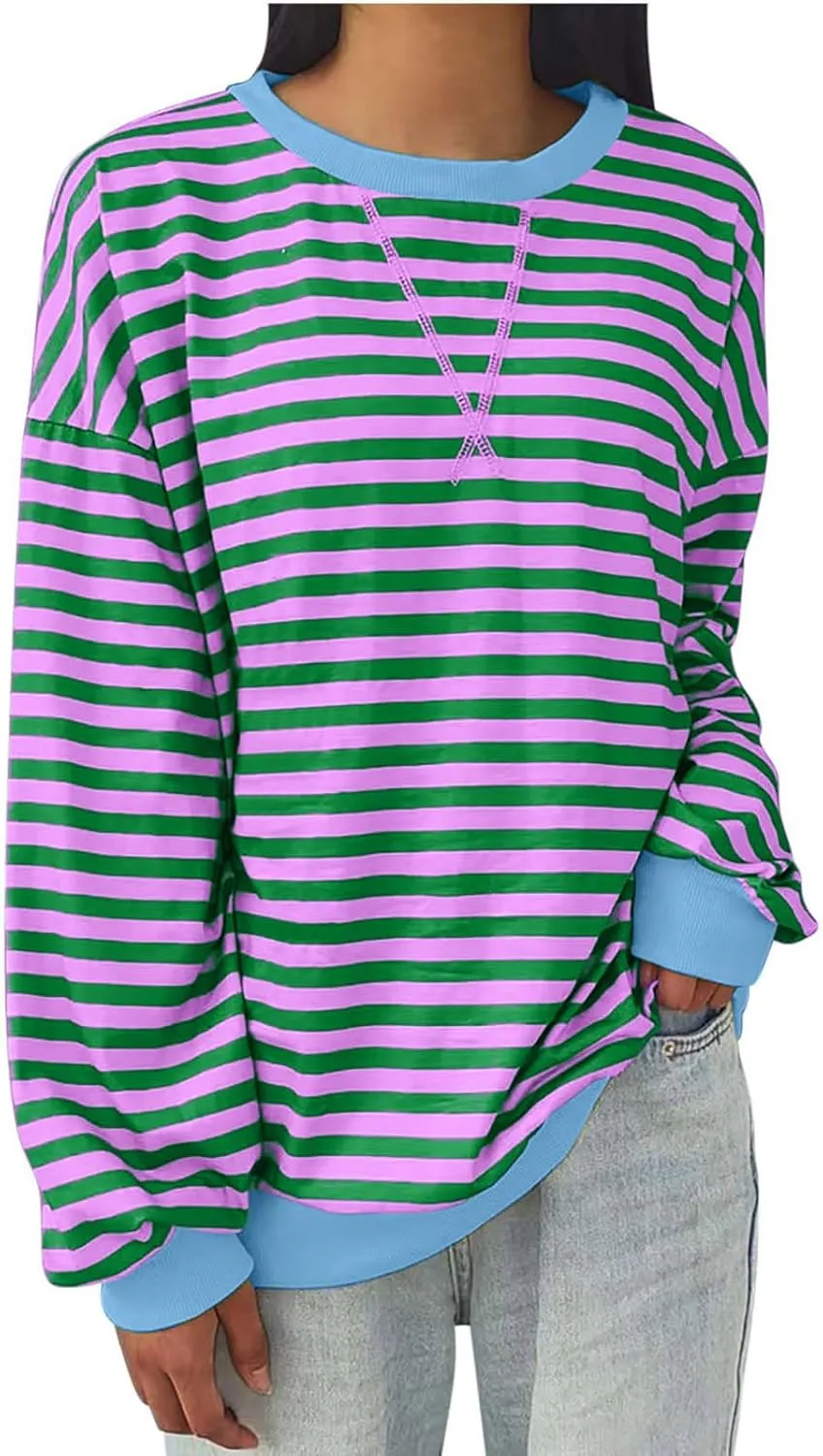 Plus Size Tops for Women 2024 Trendy Long Sleeve Striped Crewneck Sweatshirt Loose Fit Pullover Preppy Top Y2K Outfit