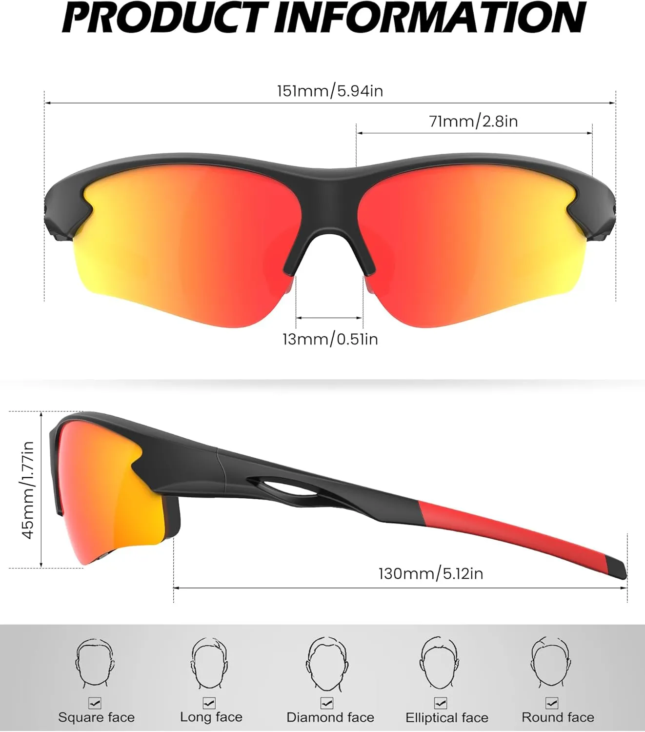Polarized Sports Sunglasses for Men and Women - UV Protection Half Frame Sun Glasses for Running Baseball Fishing
