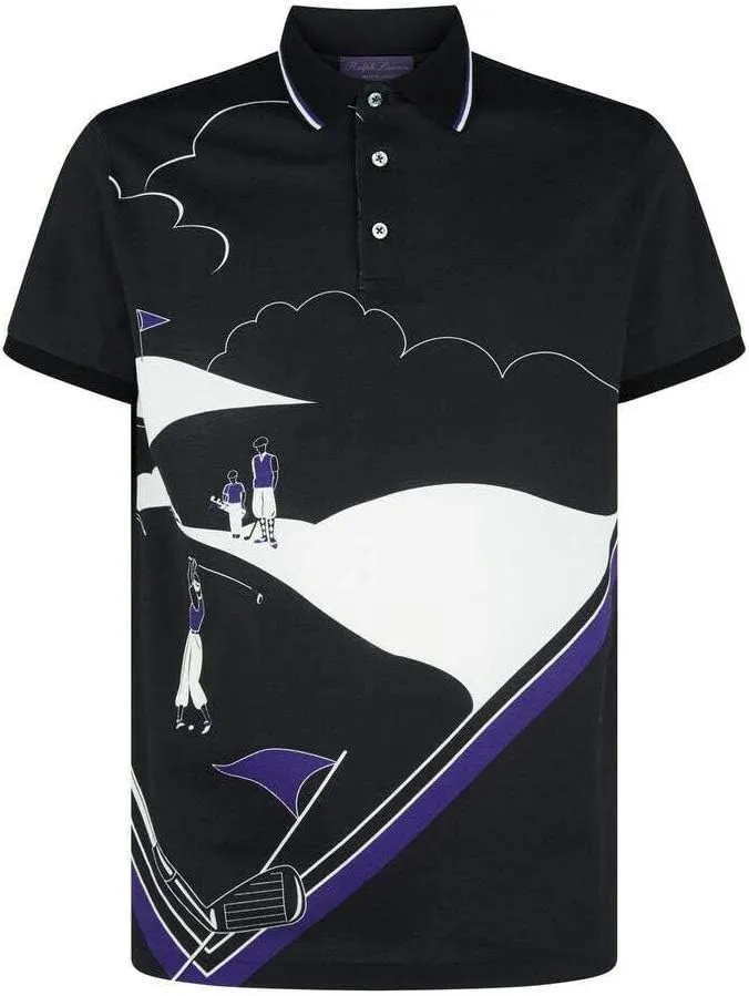 POLO RALPH LAUREN Purple Mens Label Golf Logo Slim Fit Black Pique Shirt Italy Large $495