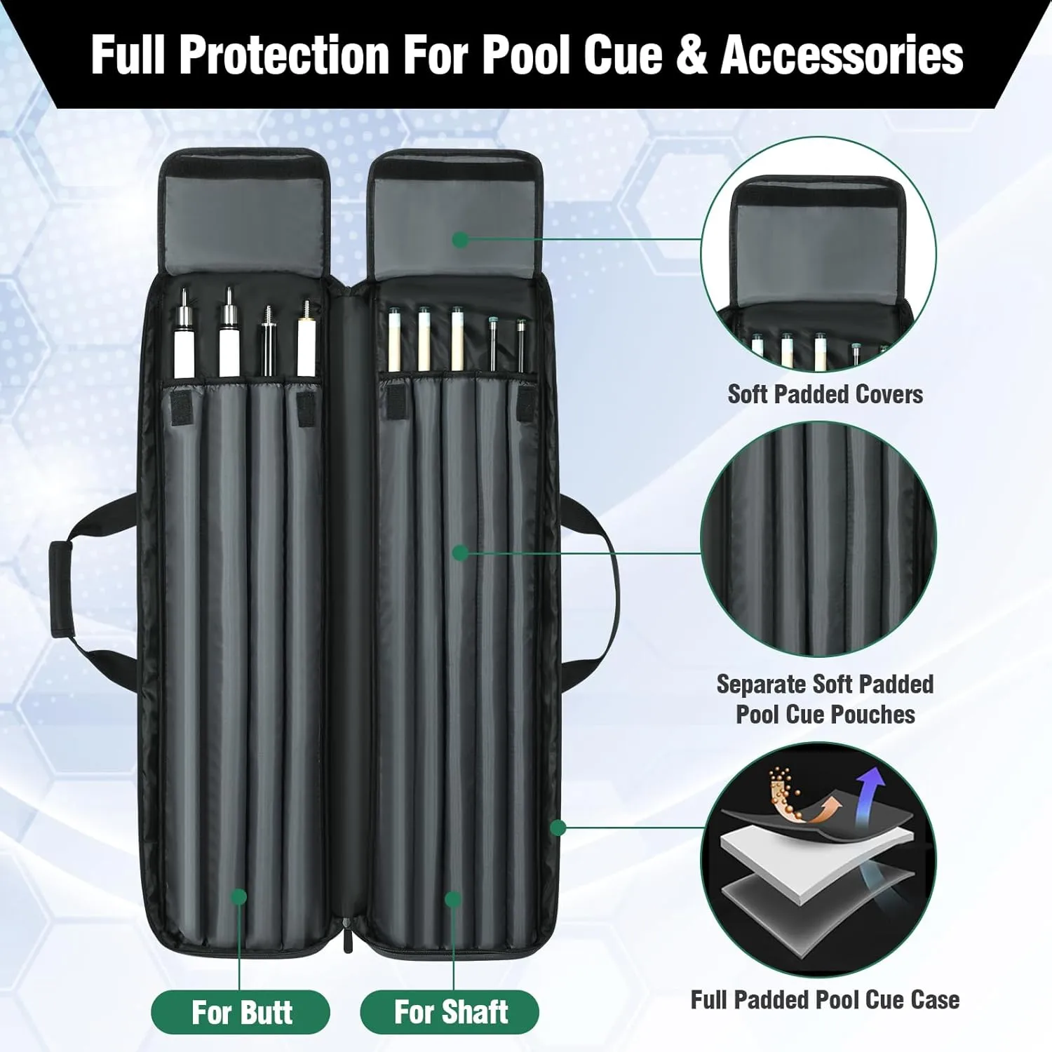 Pool Cue Case 4x5, Pool Cue Carrying Case Soft Padded Billiard Stick Bag with Multi-pocket for 4 Butts and 5 Shafts, Pool Stick Case Cue Bag with Backpack-straps for Pool Cues and Accessories