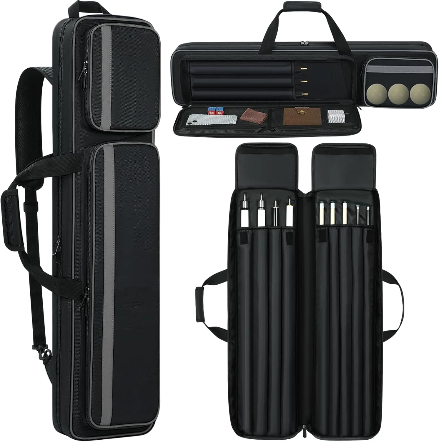 Pool Cue Case 4x5, Pool Cue Carrying Case Soft Padded Billiard Stick Bag with Multi-pocket for 4 Butts and 5 Shafts, Pool Stick Case Cue Bag with Backpack-straps for Pool Cues and Accessories