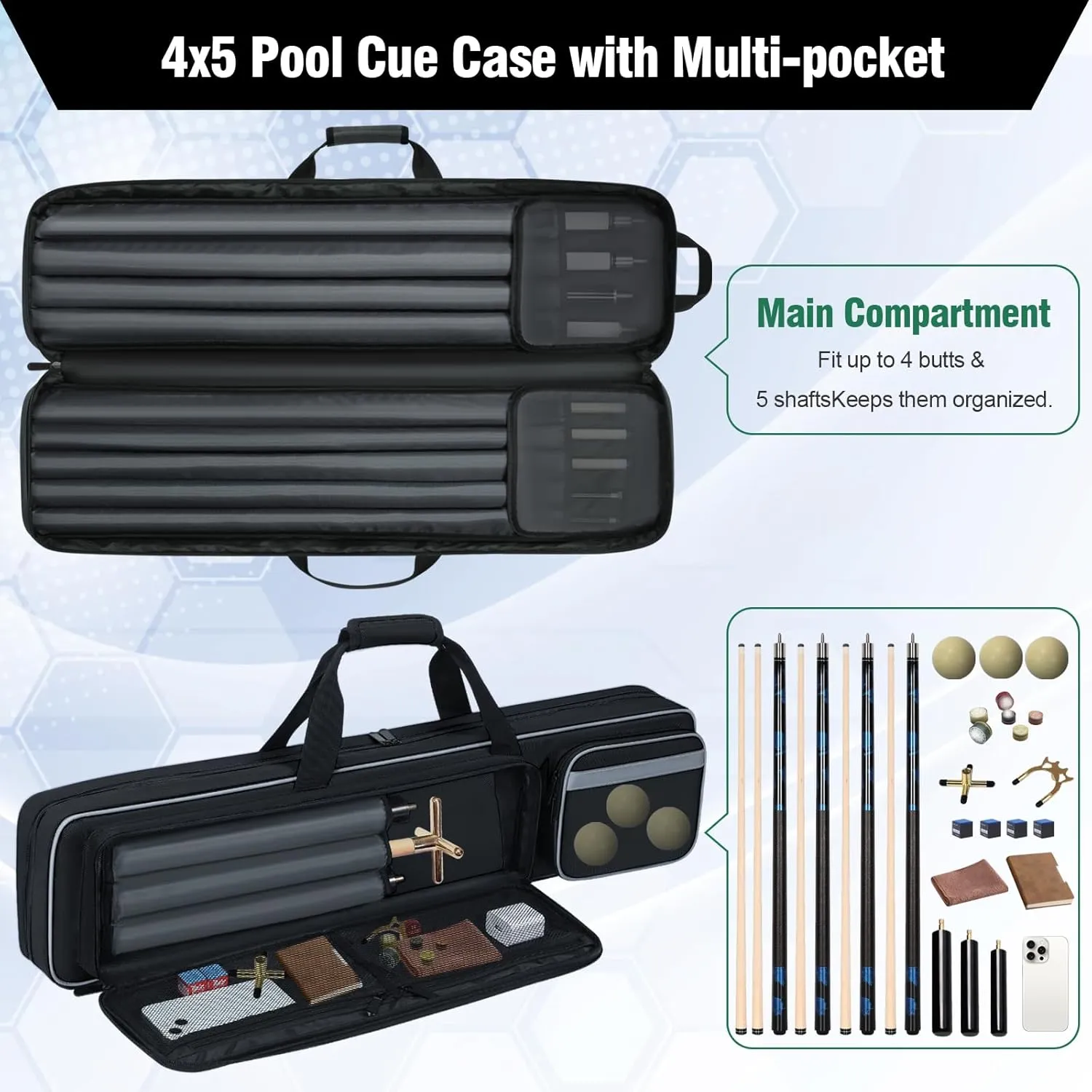 Pool Cue Case 4x5, Pool Cue Carrying Case Soft Padded Billiard Stick Bag with Multi-pocket for 4 Butts and 5 Shafts, Pool Stick Case Cue Bag with Backpack-straps for Pool Cues and Accessories