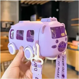 Portable Bear Water Bottle with Shoulder Strap Kid Cute Car Straw Water Cup Bus Shape Children's Water Bottle 500ml Drinking Cup(Purple)