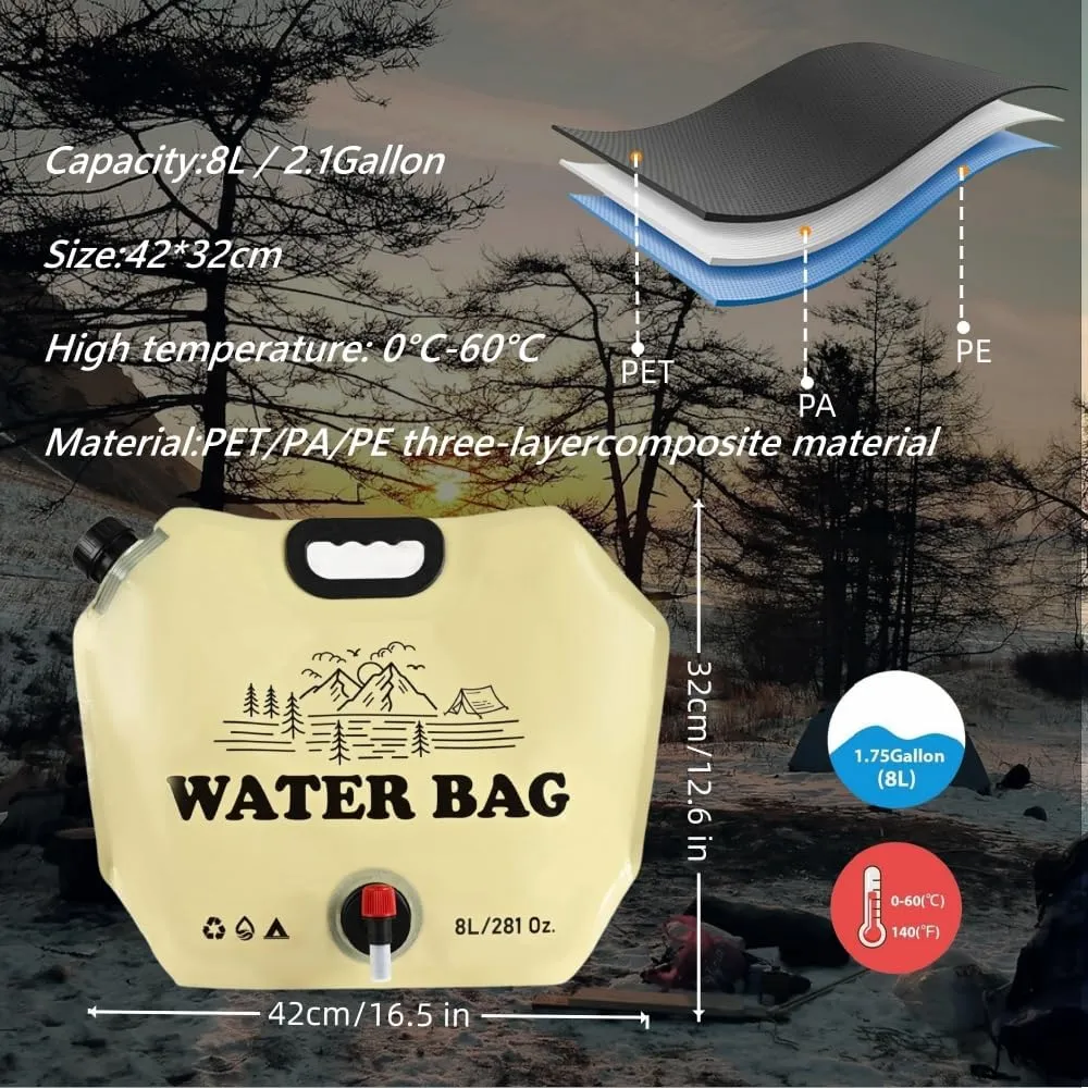 Portable Collapsible Water Container Bag with Faucet，Camping Water Bag,Bpa Free Food Grade Water Jug for Outdoors Camping Hiking Backpack Survival and Outdoor Shower,8L/2.1 Gallon (3 Pcs)