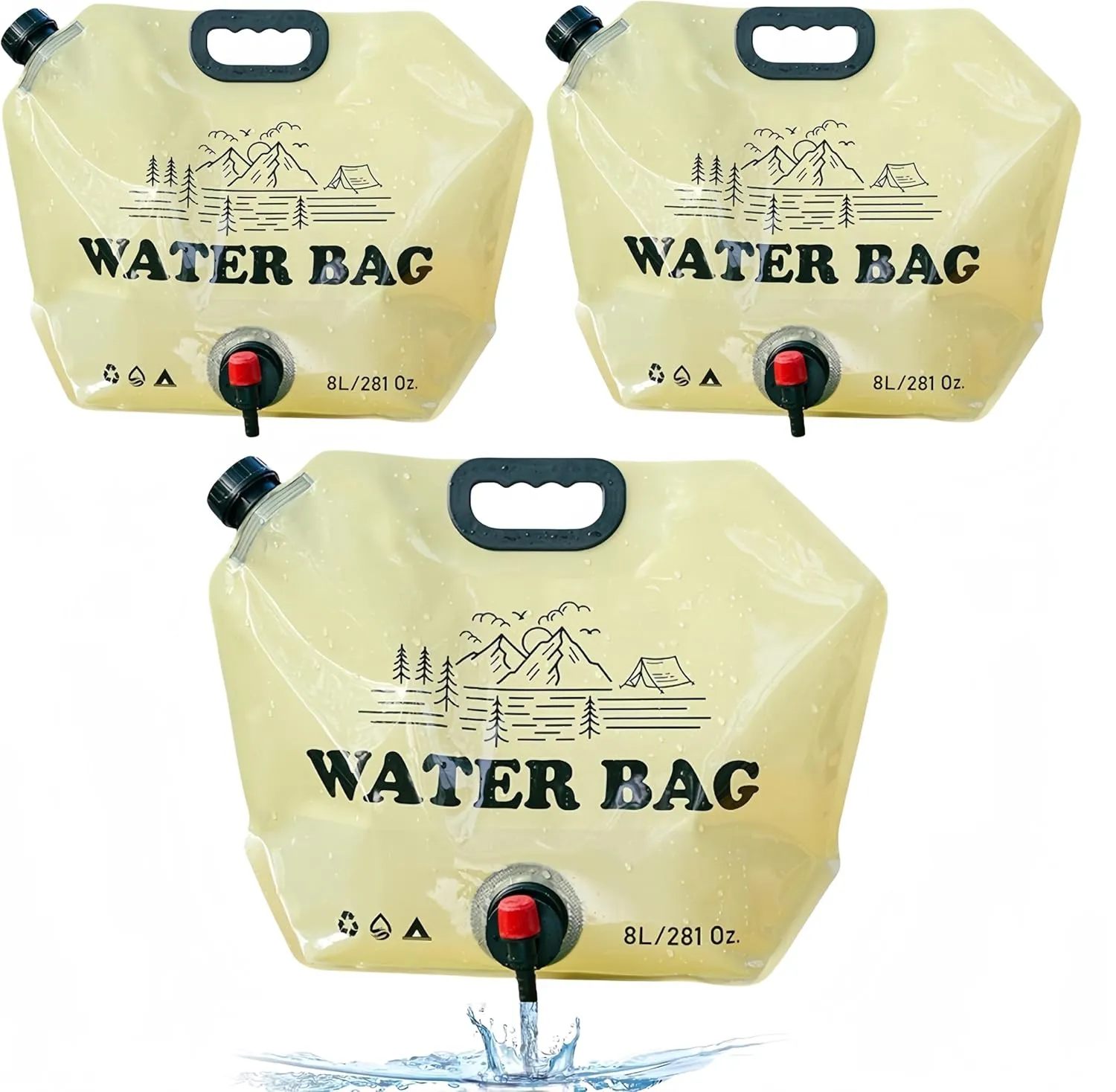 Portable Collapsible Water Container Bag with Faucet，Camping Water Bag,Bpa Free Food Grade Water Jug for Outdoors Camping Hiking Backpack Survival and Outdoor Shower,8L/2.1 Gallon (3 Pcs)