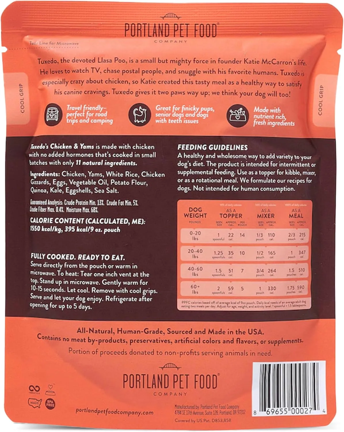 Portland Pet Food Company Tuxedo’s Chicken & Yams Fresh Dog Food Pouches - Human-Grade, Gluten-Free Wet Pet Meal Topper & Mixers - Small & Large Breed Puppy & Senior Dogs - Made in The USA - 8 Pack