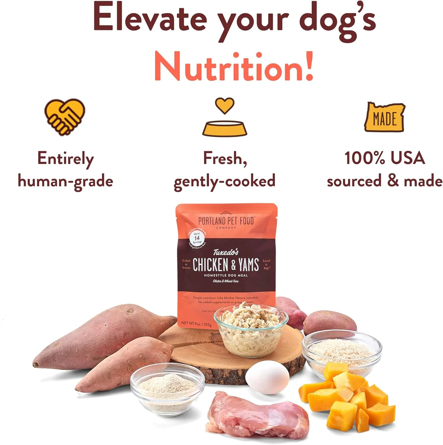 Portland Pet Food Company Tuxedo’s Chicken & Yams Fresh Dog Food Pouches - Human-Grade, Gluten-Free Wet Pet Meal Topper & Mixers - Small & Large Breed Puppy & Senior Dogs - Made in The USA - 8 Pack