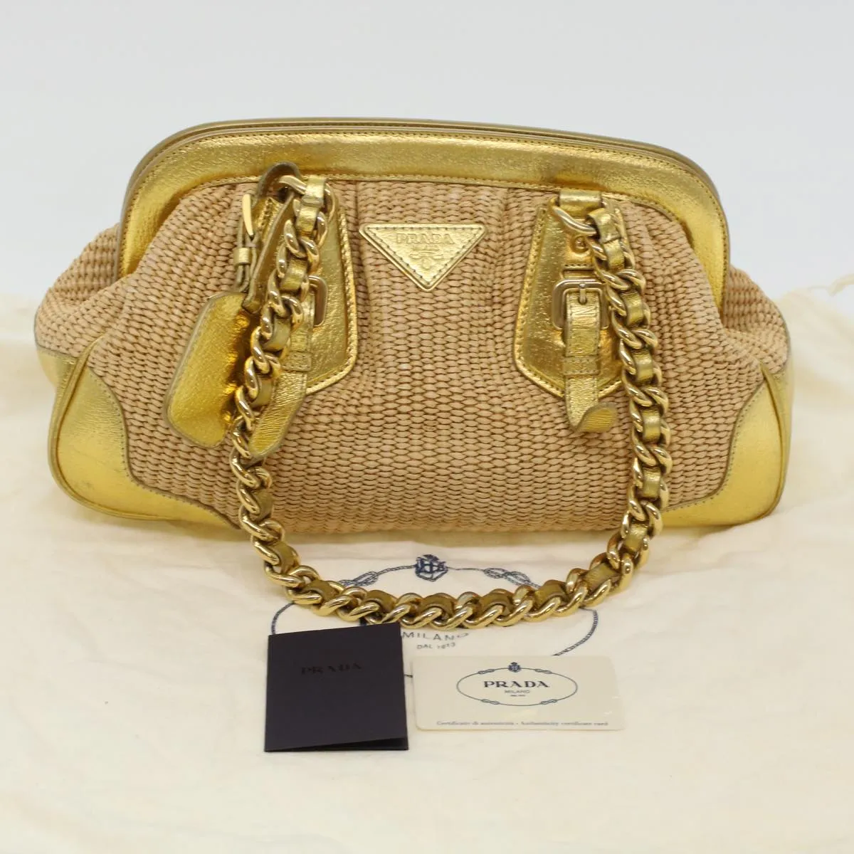 PRADA Chain Shoulder Bag Straw Leather Beige 43934